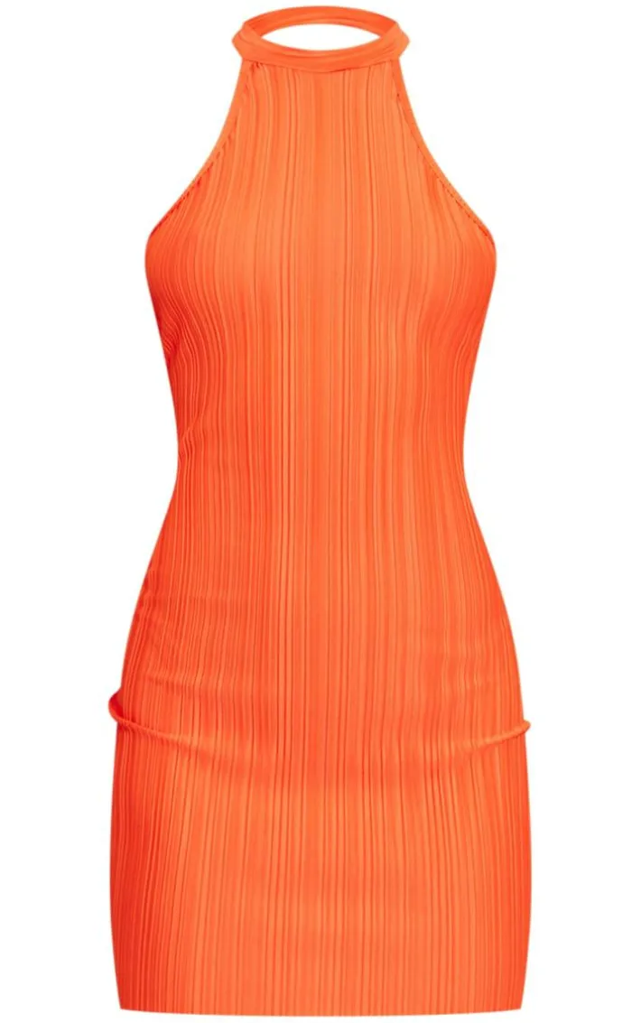 Orange Plisse High Neck Backless Shift Dress