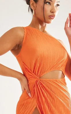 Orange Plisse One Shoulder Knotted Split Detail Maxi Dress