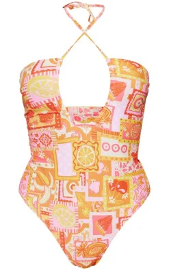 Orange Postcard Fruit Print Halter Neck Swimsuit