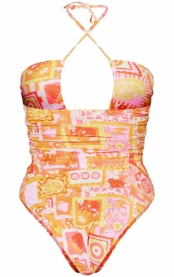 Orange Postcard Fruit Print Halter Neck Swimsuit