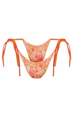 Orange Postcard Fruit Print Tie Side Bikini Bottoms