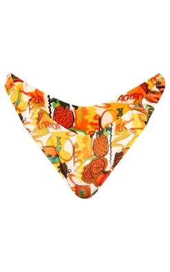 Orange Postcard Print Ruched V Front Bikini Bottoms