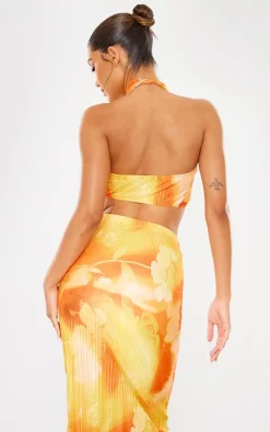 Orange Print Plisse Cross Over Halterneck Top