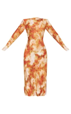 Orange Print Plisse Long Sleeve Split Detail Midi Dress