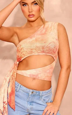 Orange Printed Crinkle Mesh Tie Side Crop Top
