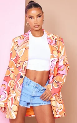 Orange Printed Double Breasted Flap Pocket Oversized Blazer