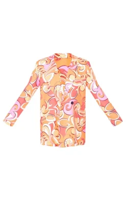 Orange Printed Double Breasted Flap Pocket Oversized Blazer