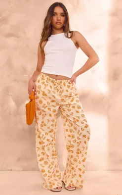 Orange Printed Drawstring Waist Straight Leg Pants