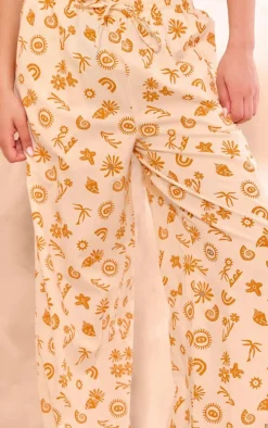 Orange Printed Drawstring Waist Straight Leg Pants