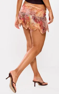 Orange Printed Frill Detail Asymmetric Hem Lined Mesh Mini Skirt