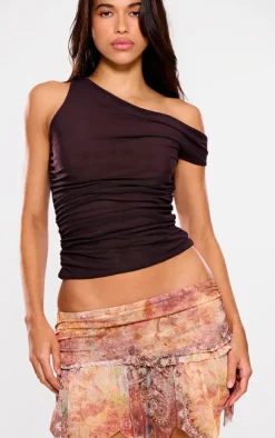 Orange Printed Frill Detail Asymmetric Hem Lined Mesh Mini Skirt