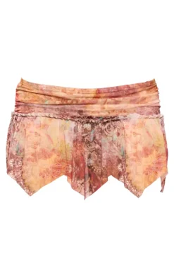 Orange Printed Frill Detail Asymmetric Hem Lined Mesh Mini Skirt