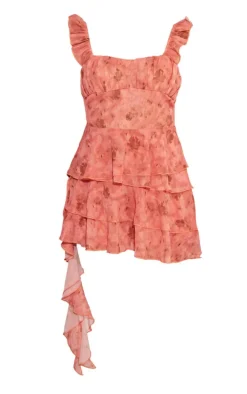 Orange Printed Ruffle Detail Chiffon Frilly Skort Romper