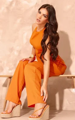 Orange PU Round Toe Asymmetric Strap Espadrille High Wedges