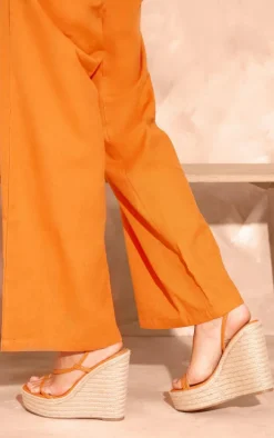 Orange PU Round Toe Asymmetric Strap Espadrille High Wedges
