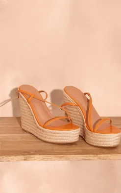 Orange PU Round Toe Asymmetric Strap Espadrille High Wedges