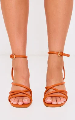 Orange PU Round Toe Multi Strap Block Heeled Sandals
