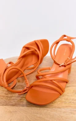 Orange PU Round Toe Multi Strap Block Heeled Sandals