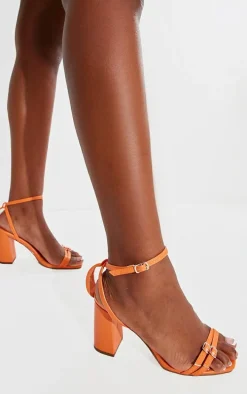 Orange PU Square Toe Buckle Detail Block Heeled Sandals