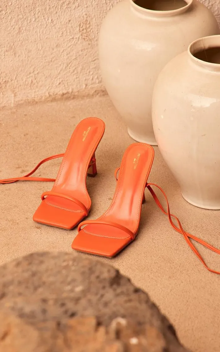 Orange Pu Square Toe Strappy Lace Up Heeled Sandals