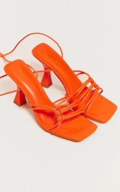 Orange PU Square Toe Wide Fit Side Knot Detail Mid Flared Heeled Sandals