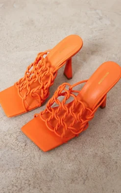 Orange PU Square Toed Chunky Knot High Heeled Sandals