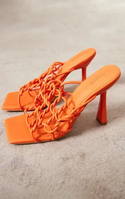 Orange PU Square Toed Chunky Knot High Heeled Sandals
