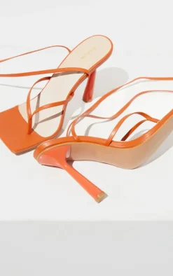 Orange PU Toe Thong Lace Up Circle Heeled Sandals