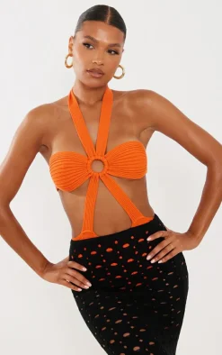Orange Ring Tie Details Knitted Bodysuit