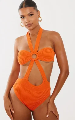 Orange Ring Tie Details Knitted Bodysuit