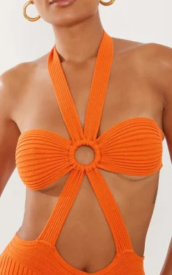 Orange Ring Tie Details Knitted Bodysuit
