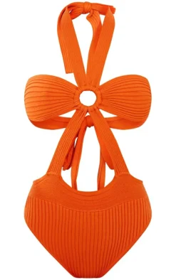 Orange Ring Tie Details Knitted Bodysuit