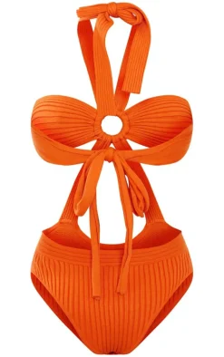 Orange Ring Tie Details Knitted Bodysuit