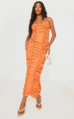Orange Ruched Underwired Strappy Back Midaxi Dress