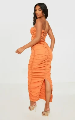 Orange Ruched Underwired Strappy Back Midaxi Dress