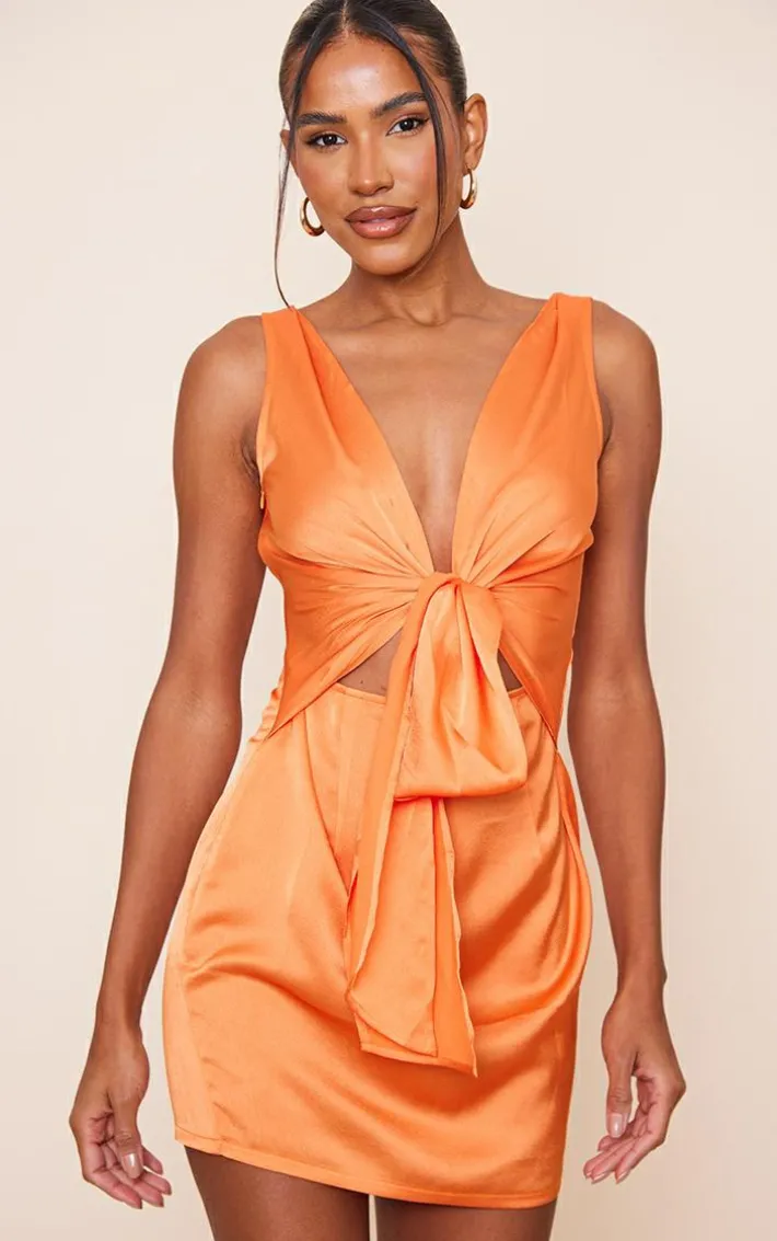 Orange Satin Extreme Plunge Tie Waist Drape Bodycon Dress