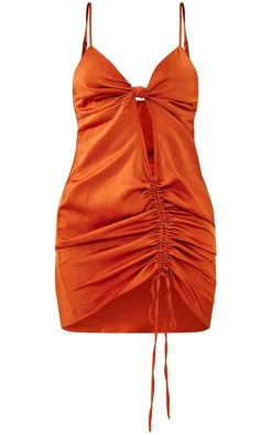 Orange Satin Knot Bust Detail Cut Out Ruched Bodycon Dress