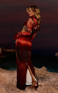 Orange Satin Palm Printed Maxi Skirt