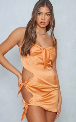 Orange Satin Tie Detail Cut Out Strappy Bodycon Dress