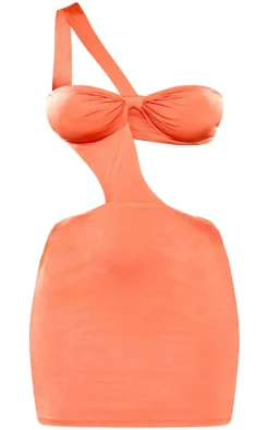 Orange Slinky One Shoulder Twist Front Bodycon Dress
