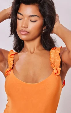 Orange Slinky Ruffle Strap Bodysuit