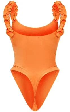 Orange Slinky Ruffle Strap Bodysuit
