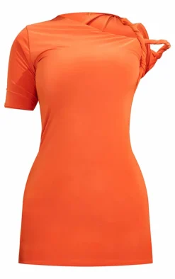 Orange Slinky Twist Shoulder Bodycon Dress