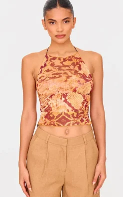 Orange Snake Skin Print Mesh Double Tie Back Top