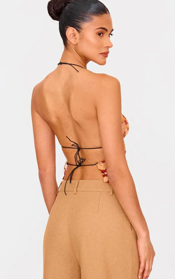 Orange Snake Skin Print Mesh Double Tie Back Top