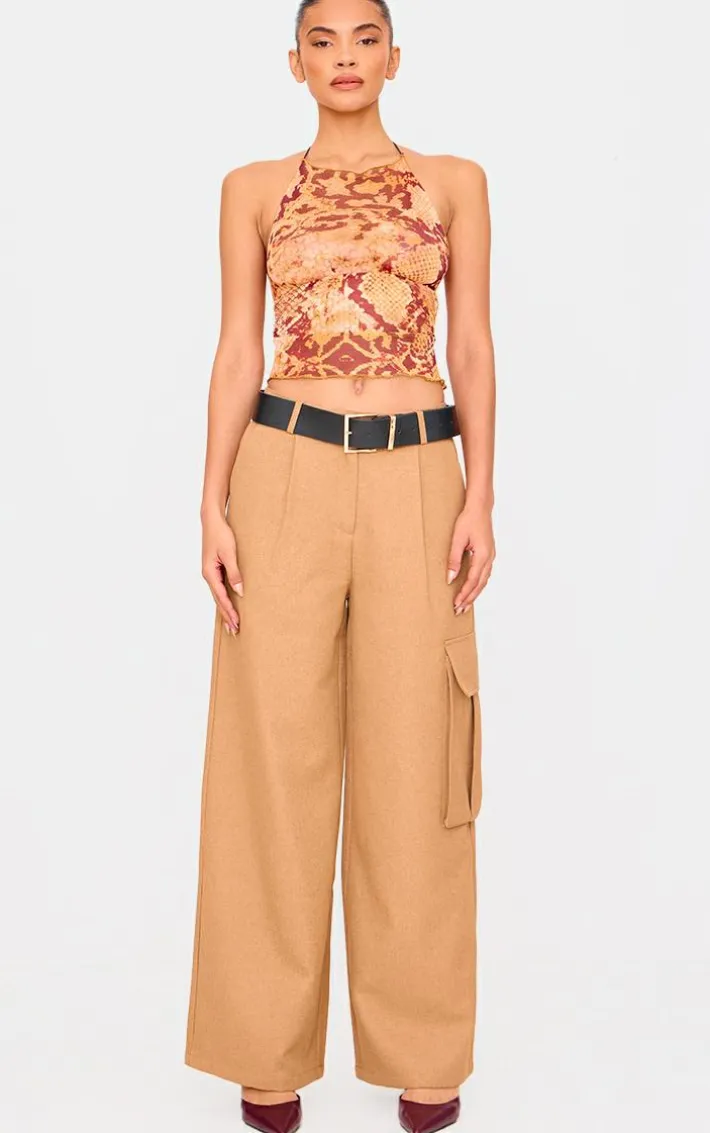 Orange Snake Skin Print Mesh Double Tie Back Top