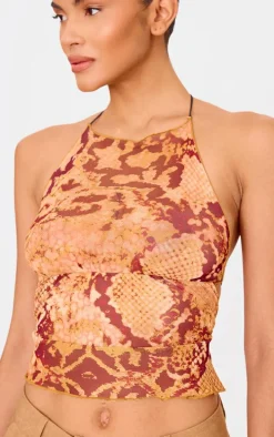 Orange Snake Skin Print Mesh Double Tie Back Top