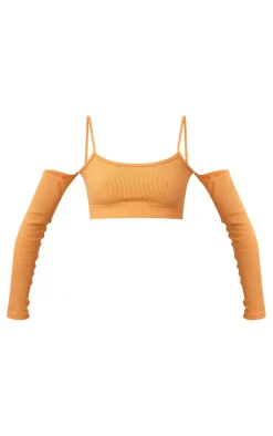 Orange Snatched Rib Cold Shoulder Crop Top
