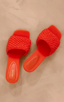 Orange Square Toe Crochet Strap Mid Heeled Mules