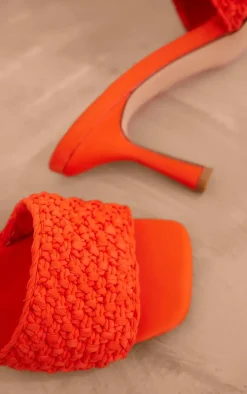 Orange Square Toe Crochet Strap Mid Heeled Mules